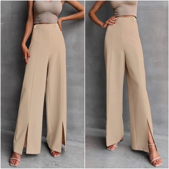 BellanBlue Pants - Classic Khaki Wide Leg Slit Hem Pants Minimalist Work Office